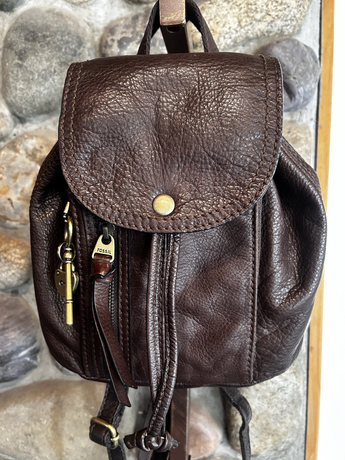 Fossil Small Brown Leather Drawstring Backpack Pu… - image 1