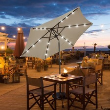 9 ft Patio Table Market Umbrella Yard Outdoor w/ Solar LED Lights Tan