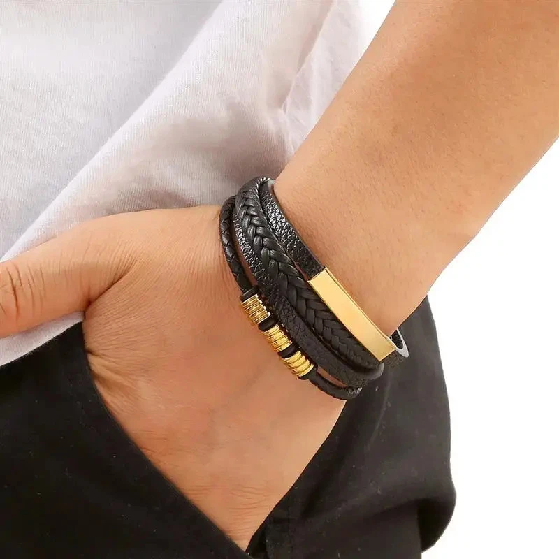 Pulsera de cuero para hombre Brazalete tejido multicapa clásica hecha a mano 1 pieza Foto 4 de 4