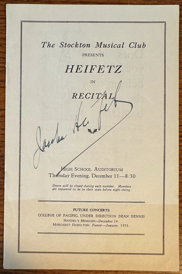 Jascha Heifetz Autographed Program, violinist, Stockton California - Image 2 of 4