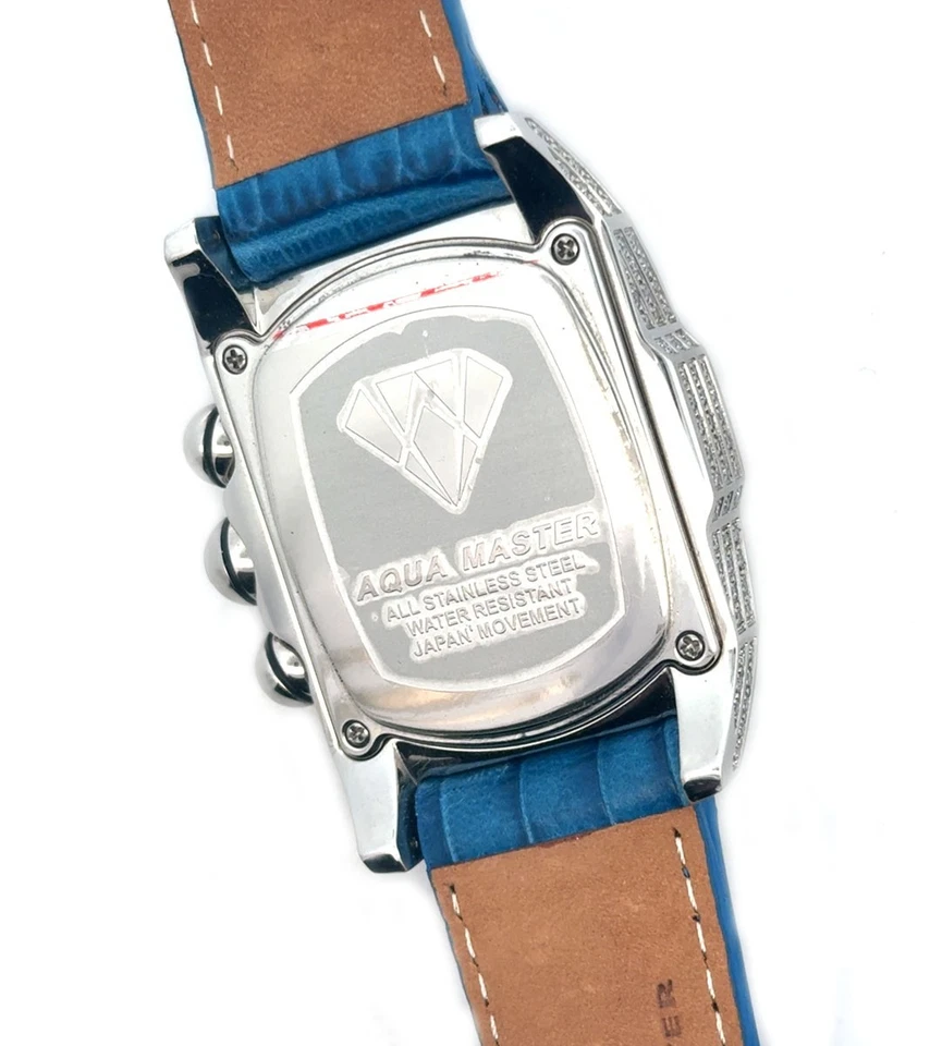 Relógio masculino Aqua Master mostrador azul caixa de diamante completo pulseira de couro - Imagem 3 de 4