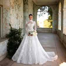 High Neck Long Sleeve Wedding Dresses Sheer Bodice Bridal Gown With Long Train