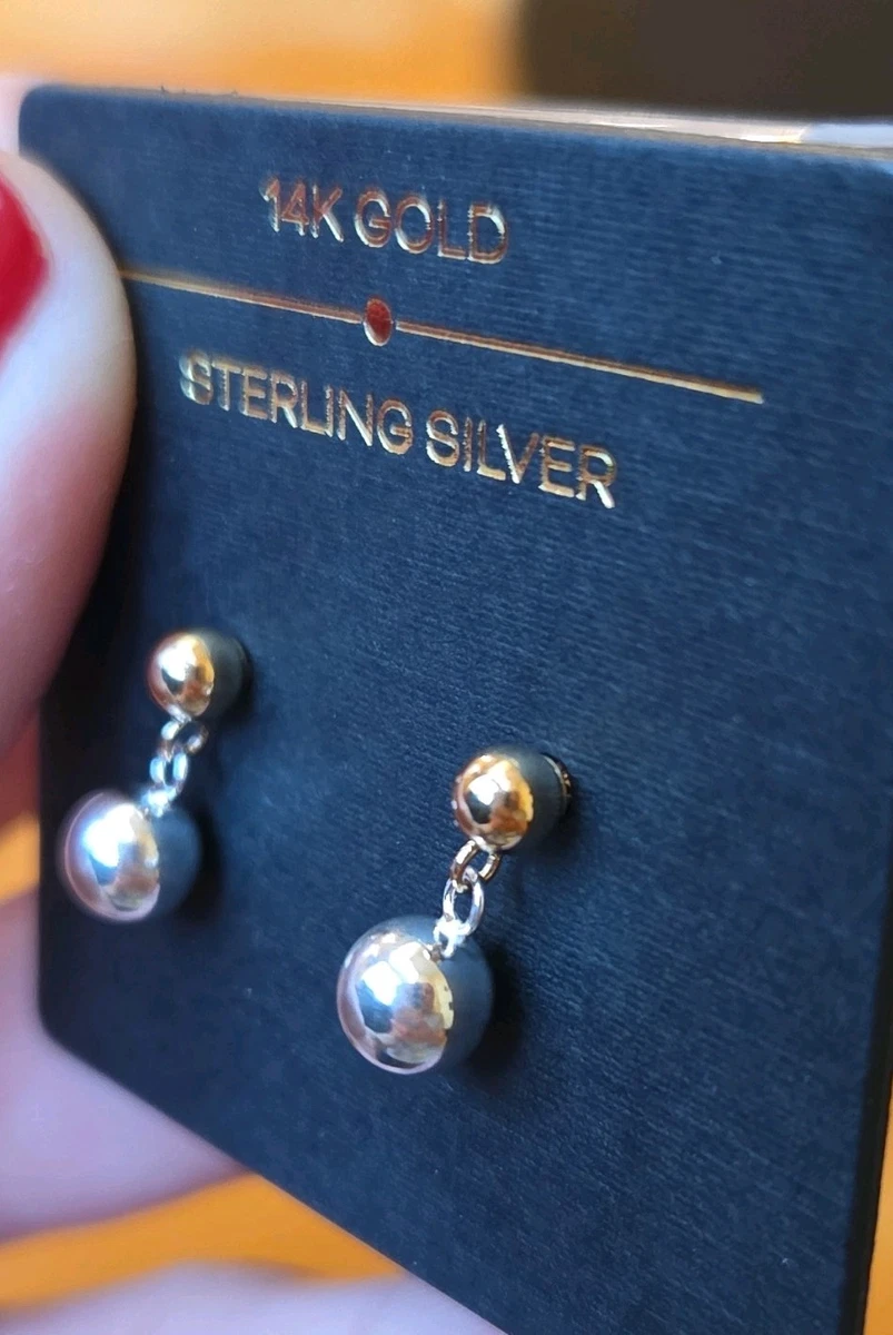 14K gold and Sterling Silver Ball Dangle Stud Earrings Butterfly Back Gold Posts
