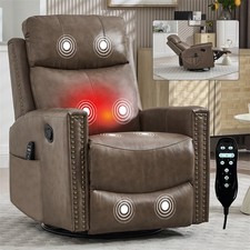 Genuine Leather Heat Massage Manual Recliner Chair with Rocker and Swivel