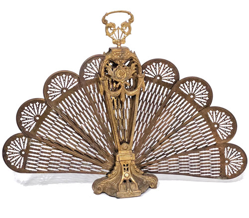Vintage Victorian Cameo Brass Fireplace Peacock Fan Large 27" Screen Cover MCM