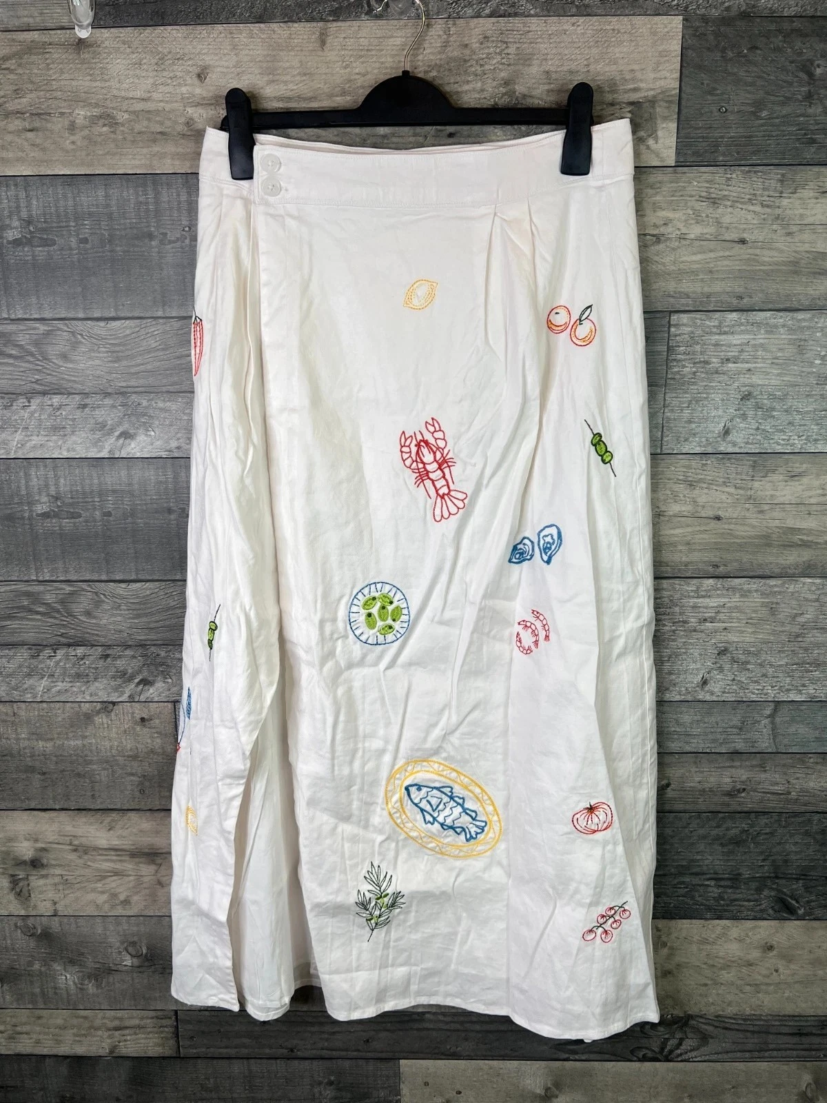 Anthropologie Maeve Linen Wrap Midi Skirt Size UK 14 White Embroidered Lemons