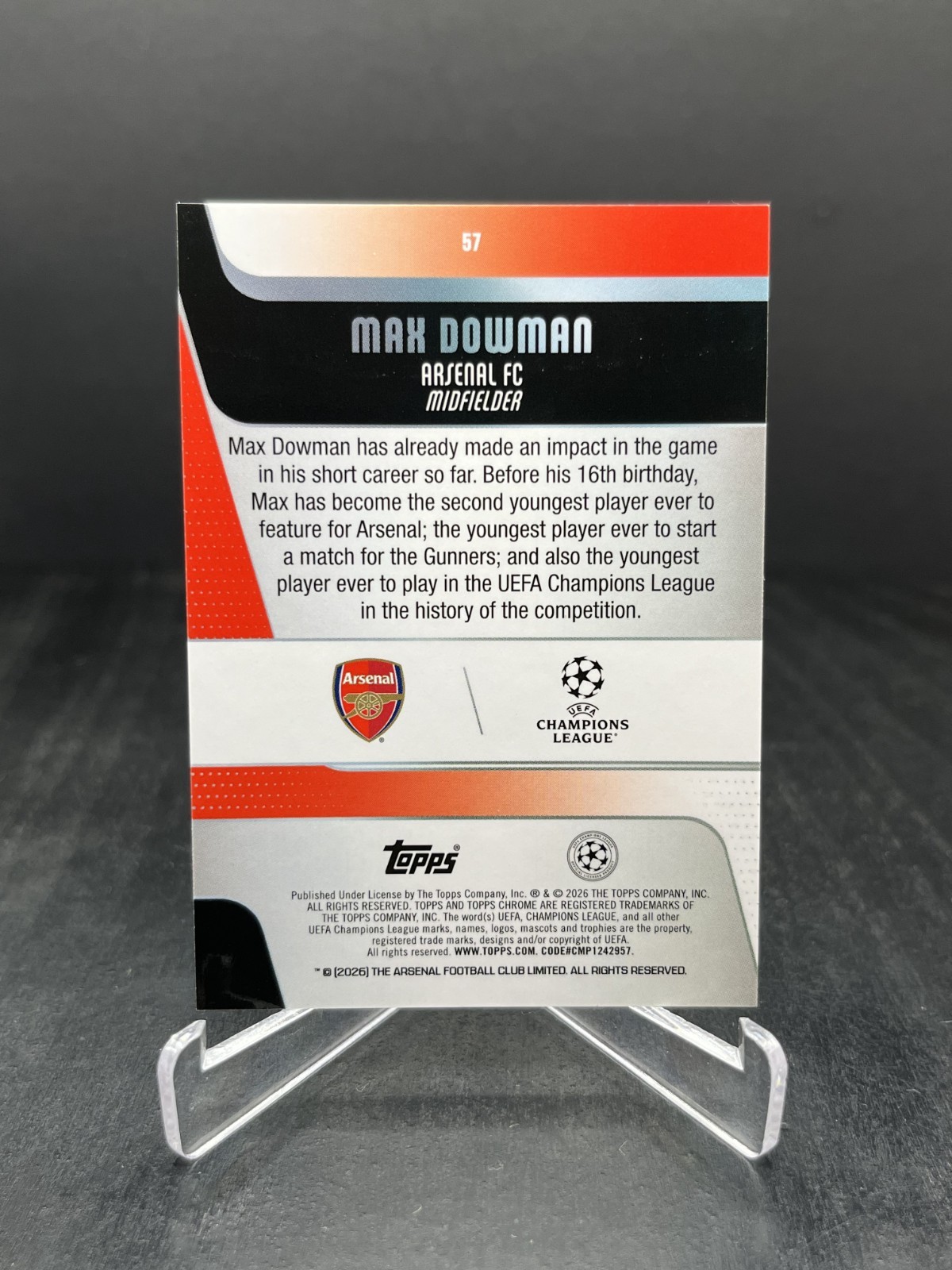 2025-26 Topps Chrome Sapphire UCC Soccer Max Dowman RC Rookie Orange 12/25 #57 view 2