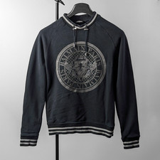 Balmain Crest Logo Drawstring Pullover Sweater Sweatshirt Blue/Silver Glitter S