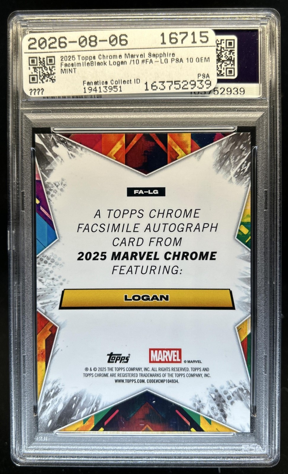 2025 Topps Chrome Marvel Sapphire Logan Comics Auto Black Refractor #/10 PSA 10 view 2