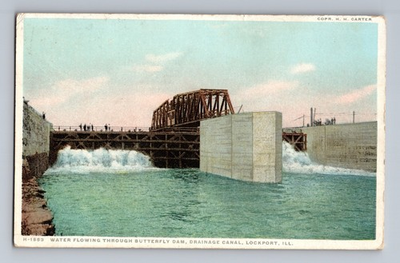 #ad Water Flowing Thru Butterfly Dam Lockport Chicago Canal Illinois Postcard Harvey $3.15