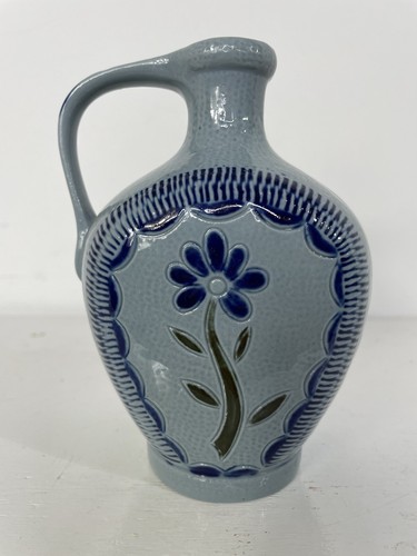 Vtg Gebruder Plein Germany Small Blue Glazed Floral Ceramic Pitcher Marked - Picture 2 of 5
