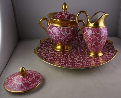 Pickard China Tray + Creamer & Sugar Bowl Stylized Flowers Gold Trim