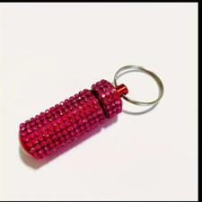 HOT PINK Pill Bottle Keychain Bling Crystal Encrusted Container Portable Box