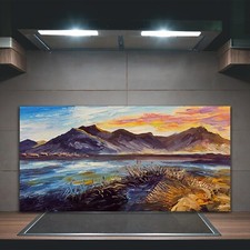 K&uuml;chenr&uuml;ckwand Spritzschutz Glas 100x50 Bild Malerei Berge Wasser Landschafts