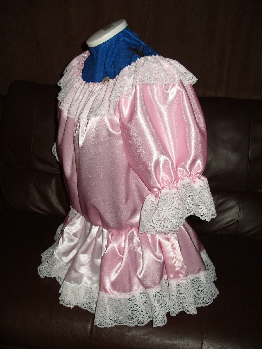 LADIES~SISSY~MAIDS~ADULT BABY~UNISEX PINK SATIN & LACE SHORT DRESS WITH  APRON | eBay