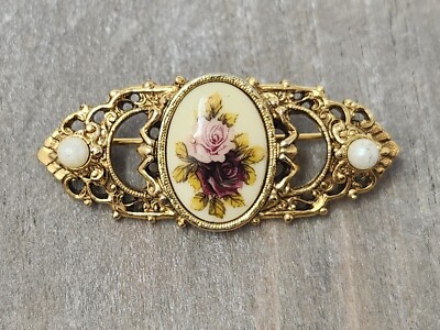1928 Brand Painted Roses Faux Pearl Gold Tone Brooch Pin