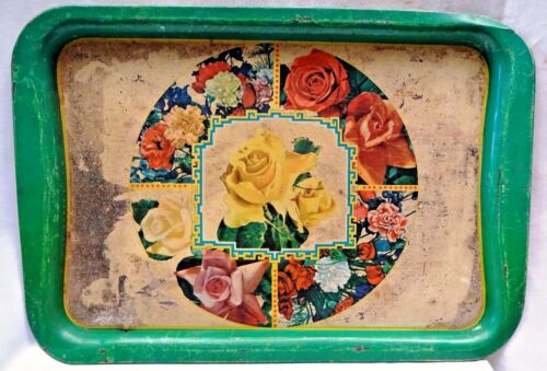 Vintage Serving Tray Color Litho Print Flower Design Red Rose Old Collectibles - Afbeelding 1 van 4