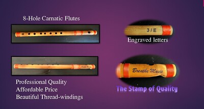 8-Hole Carnatic Flute, Sruthi 3/E, perfectly tuned to A440 Hz, Thread-windings