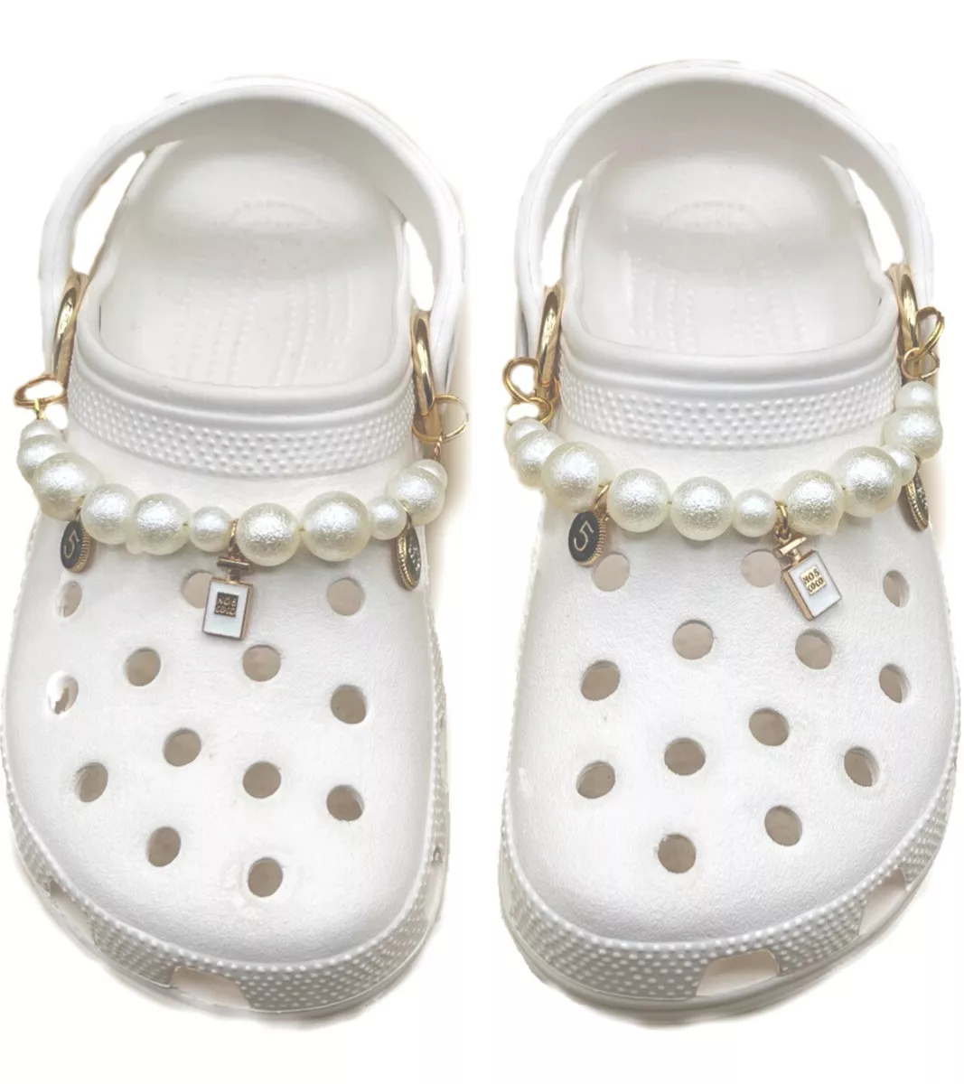 White Pearl Designer Crocs Chain Charms Or Similar Shoe. Shoe