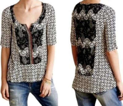 Akemi + Kin Anthropologie Top Black White Ikat Split Neck Peplum Hem Size S