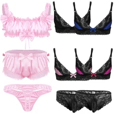 Men's Satin Lingerie Nightwear Frilly Ruffled Crop Tank Top Briefs Lingerie Set