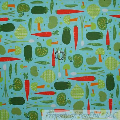 BonEful Fabric FQ Cotton Quilt Blue Green Vegetable Orange Carrot Mushroom Dot S