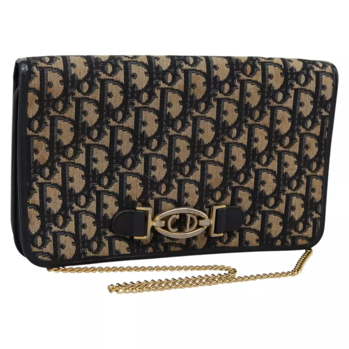 Sac bandoulière chaîne toile Christian Dior trotteur bleu marine or authentique mr1030