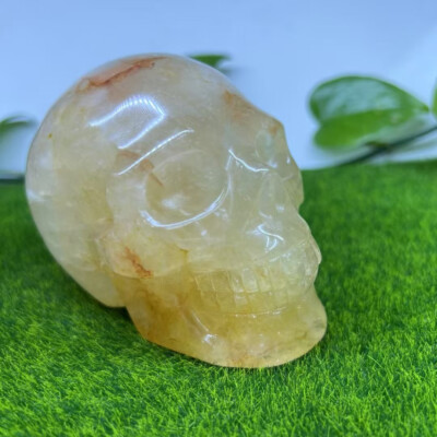 natural Yellow gum flower skull hand carved Quartz Crystal reiki healing
