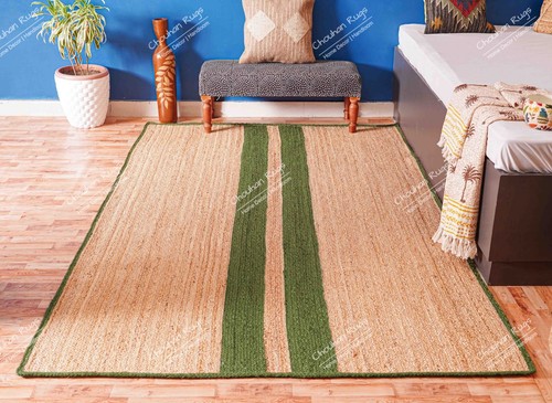 Indian Hand Braided Jute Area Rug, Beige Jute Rug With Dark Green Striped Line