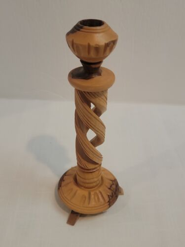 Shabbat Olivewood 8.5" Taper Candlestick Israel Jerusalem Barley Twist Holyland - Picture 3 of 9