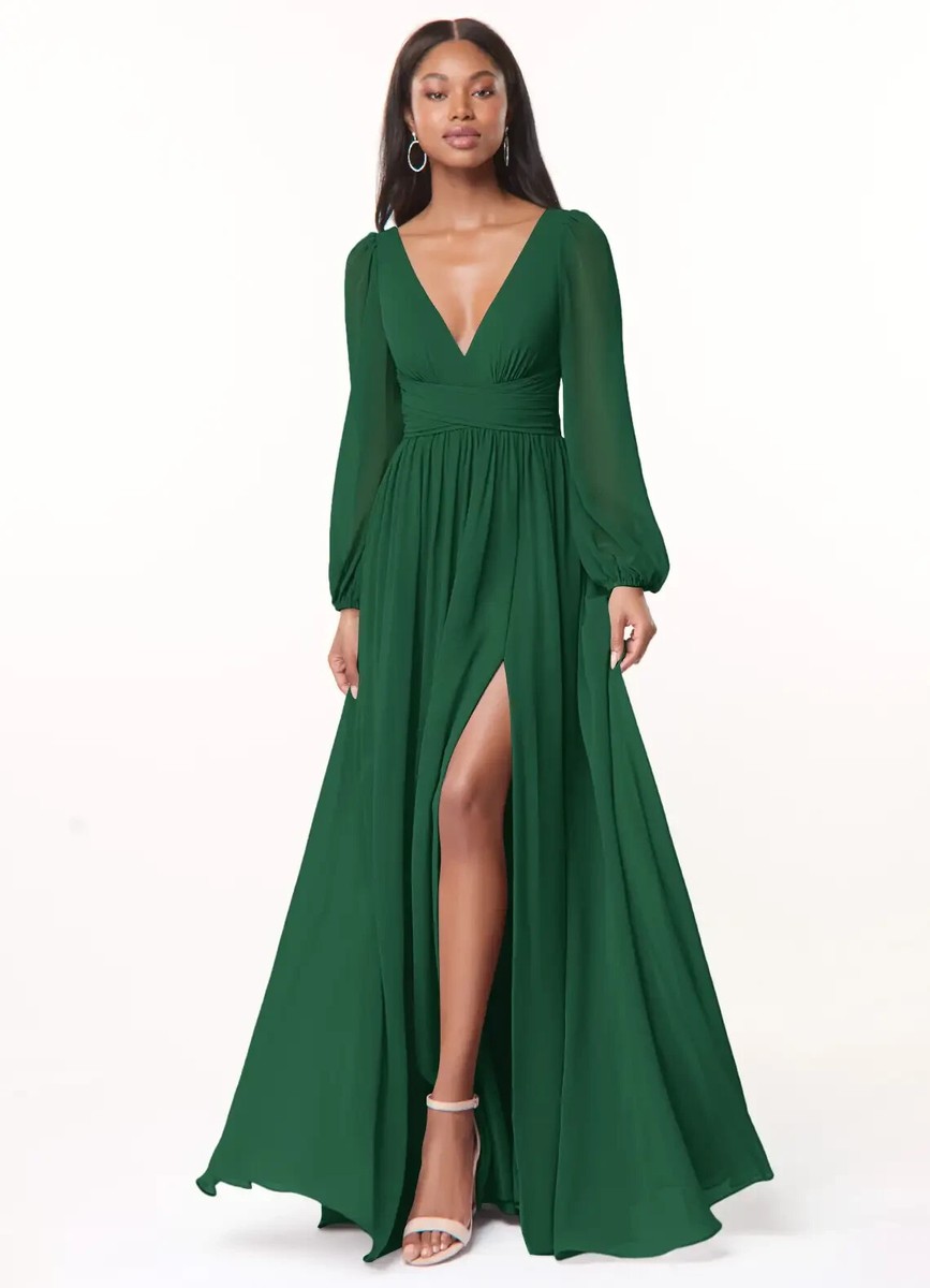 azazie green bridesmaid dresses Norah Dark A-Line V-Neck Long Sleeve Chiffon Dress Sz 16 Blue Wedding Dresses: How may-launch-2033 Size:US 22 / UK 26