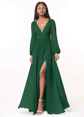 Azazie Norah Dark Green A-Line V-Neck Long Sleeve Chiffon Bridesmaid Dress  Sz 16 | eBay