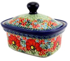Polish Pottery Butter Dish / Container with Lid, 5.75" L x 4" W x 4" H, 14 Oz.