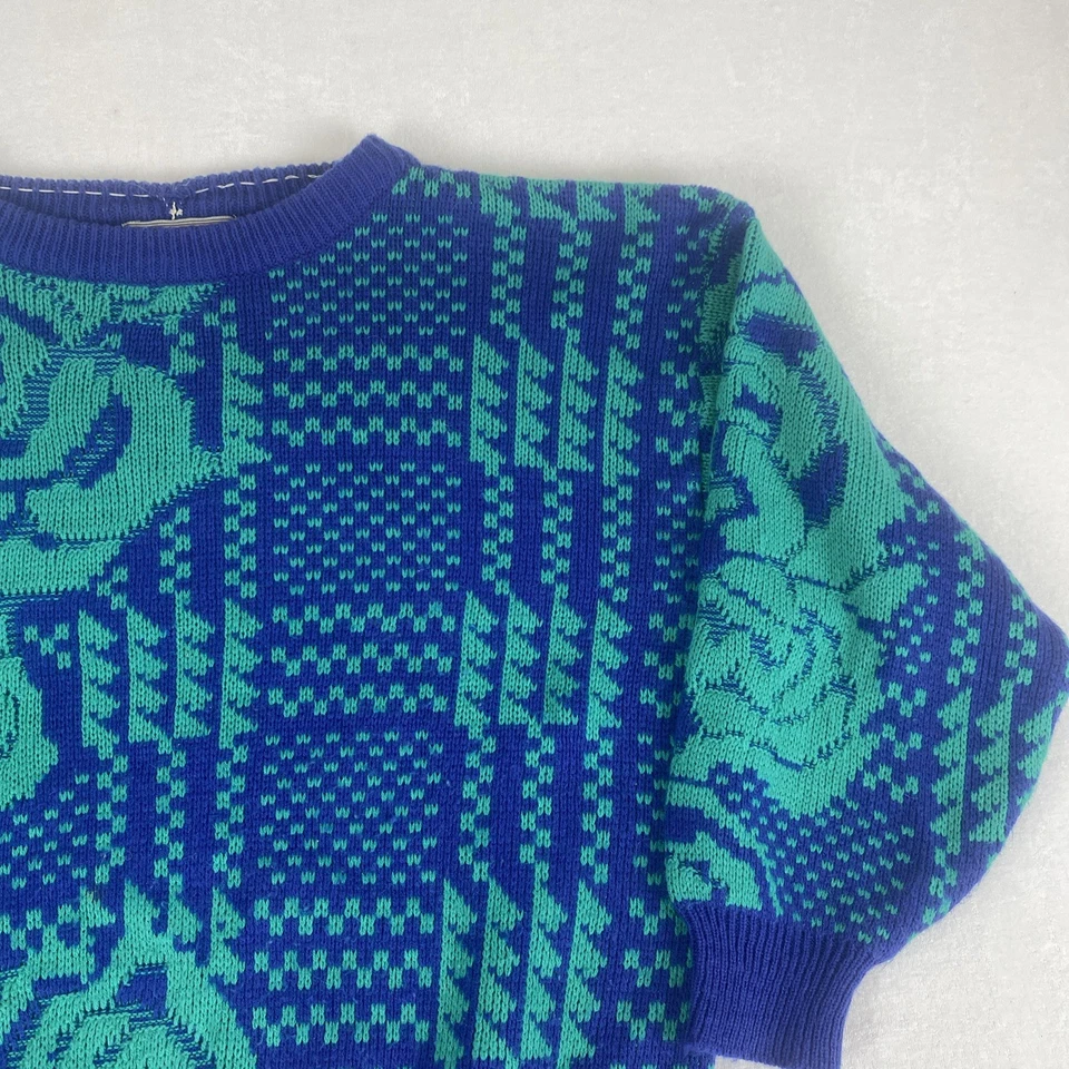 Vintage Floral Abstract Geometric Amilano Blue Green Knit Sweater - Image 3 of 4