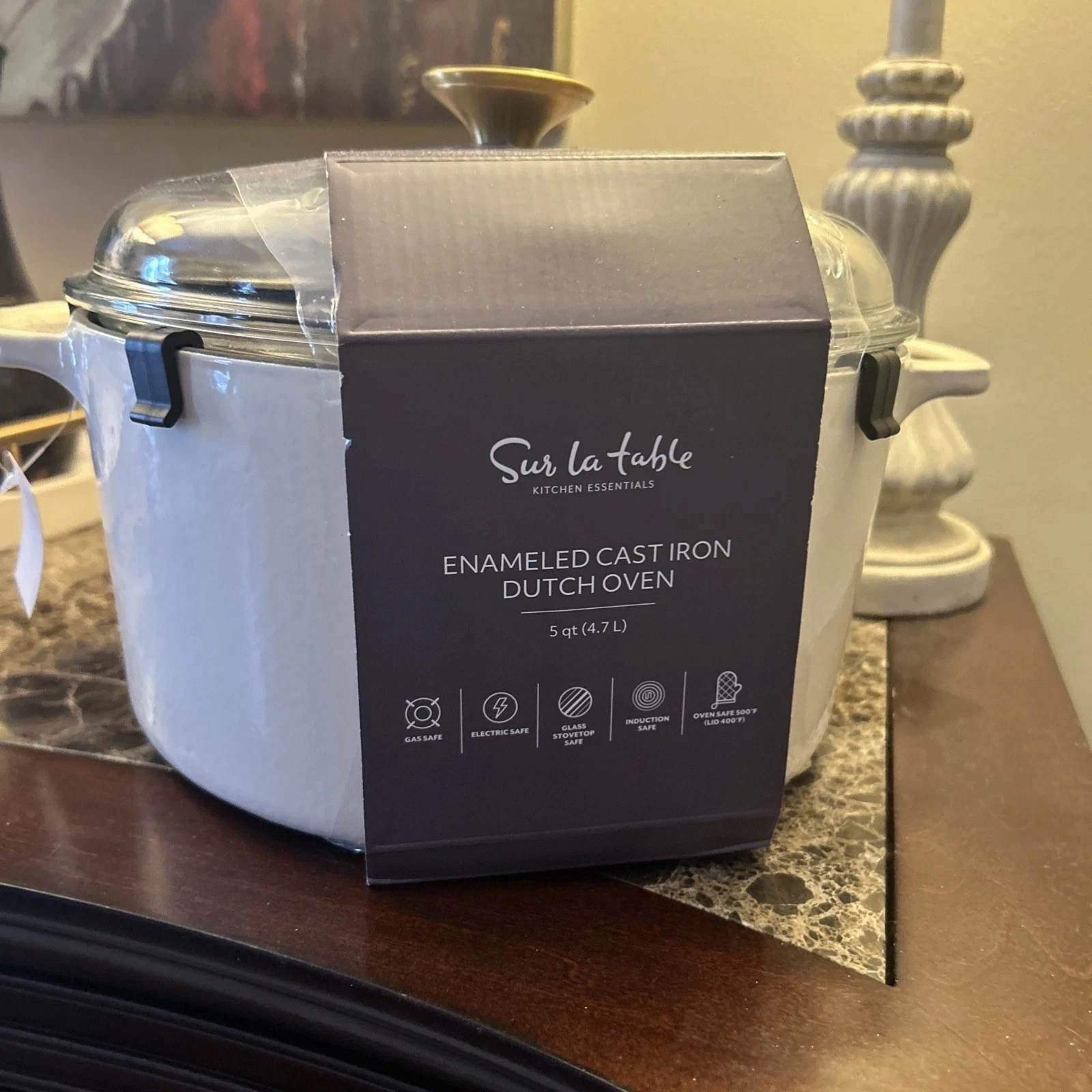 Sur La Table Enameled Cast Iron Dutch Oven 5qt. Glass Lid Cream NEW