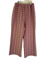 Vintage 70s Womens Large Pink Gingham Plaid Knit High Rise Wide Leg Pants Preppy