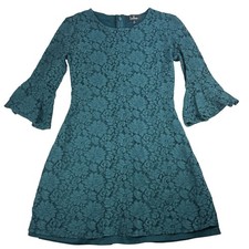 Lulus Teal Green Floral Lace Bell Sleeve Mini Dress Womens Size Small
