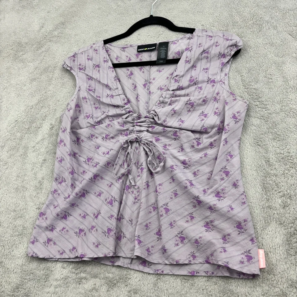 VTG DKNY Jeans Shirt Womens 12 Purple Floral Ruched Tie Front Cottagecore Fairy - Image 4 of 4