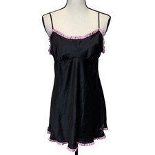 Victoria  s Secret Angels Y2K Black with Pink Trim Babydoll Nightgown Slip Dress