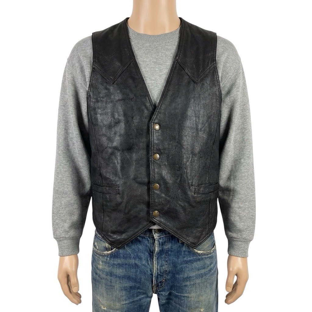 Vintage Black Leather Zipped Waistcoat 80s Retro Biker Goth Indie XXL 48 image 2