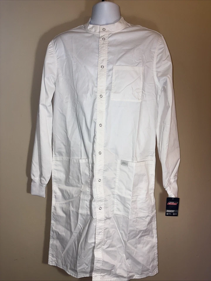 Dickies Men & Women Unisex Scrubs Lab Coat 43" Snap Front GD360 Size XS White - Image 3 of 4