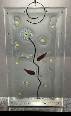 Signed Nina Cambron Fused Art Glass Wall Hanging Floral Design Handmade Panel