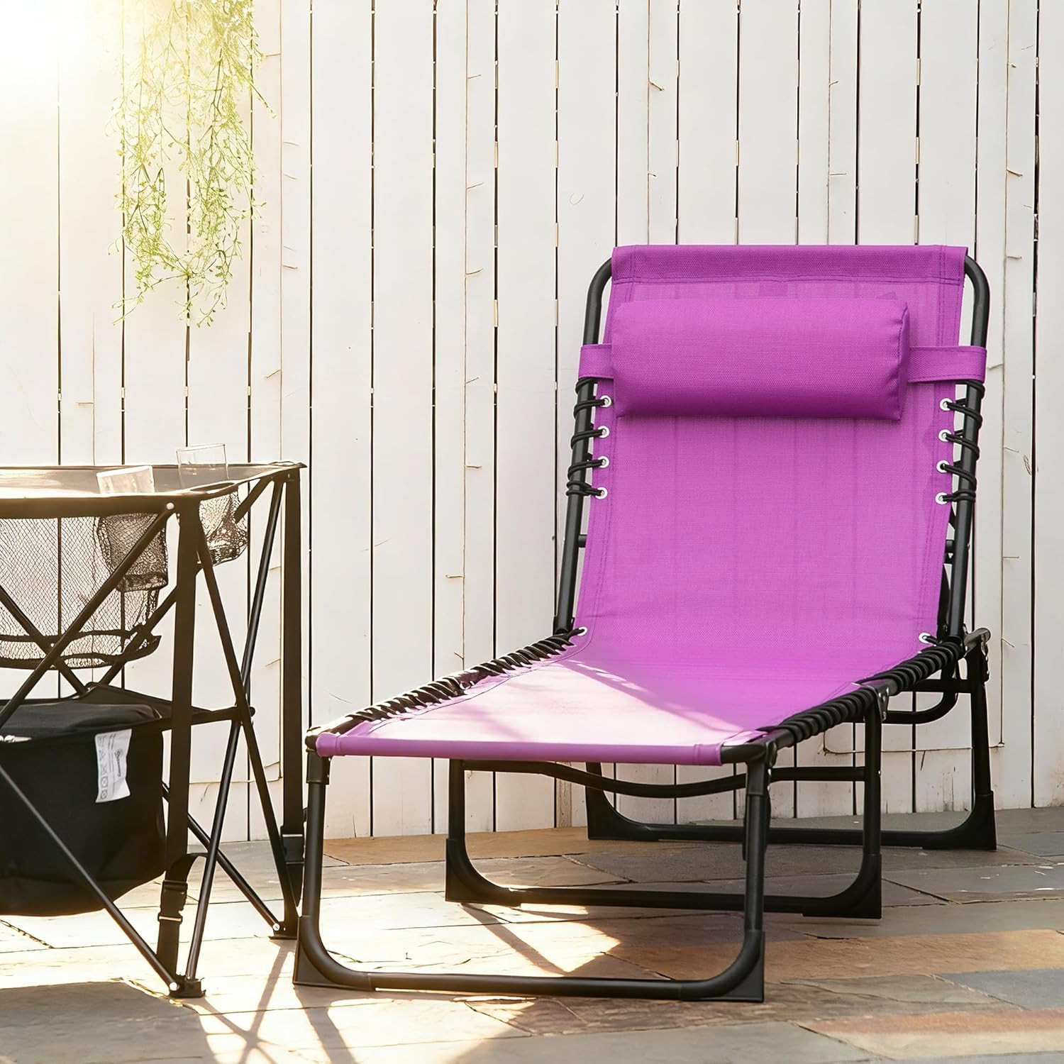 Purple Folding Chaise Lounge Chair with 4-Position Recline for Outdoor Relaxatio