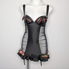 Victoria's Secret Black Satin Bow Tie Sheer Side Teddy Bustier Lingerie 36B