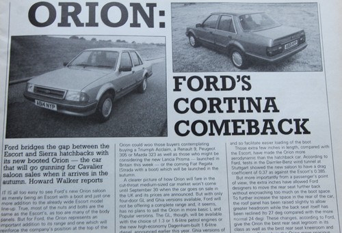 Original 1983 Motor mag extract report - New FORD ORION booted Escort announced