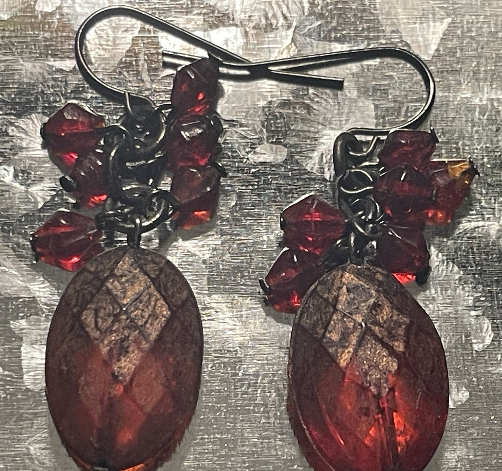 Red Gemstone Dangle Drop Tiny Beaded Cluster Earr… - image 1