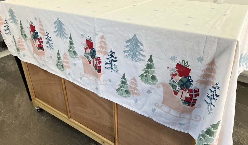 Martha Stewart Christmas Tablecloth 52x67” Fabric Snow Scene Sleigh Trees - Image 4 of 4