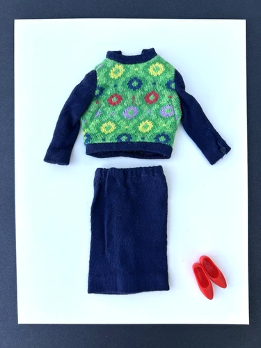 Vintage 1965 Barbie KNIT HIT #1621 Sweater Skirt Set with Soft Red Flat Shoes