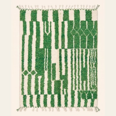 Azilal Berber Moroccan Rug Green Cream Color Block Geometric Hand Knotted Wool