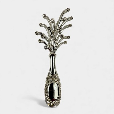 Rhinestone Champagne Bottle Firework Brooch Silver Tone Marked